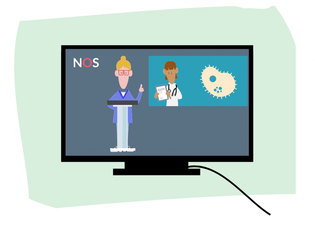 Illustratie van een tv met daarop een nieuwsuitzending over het coronavirus