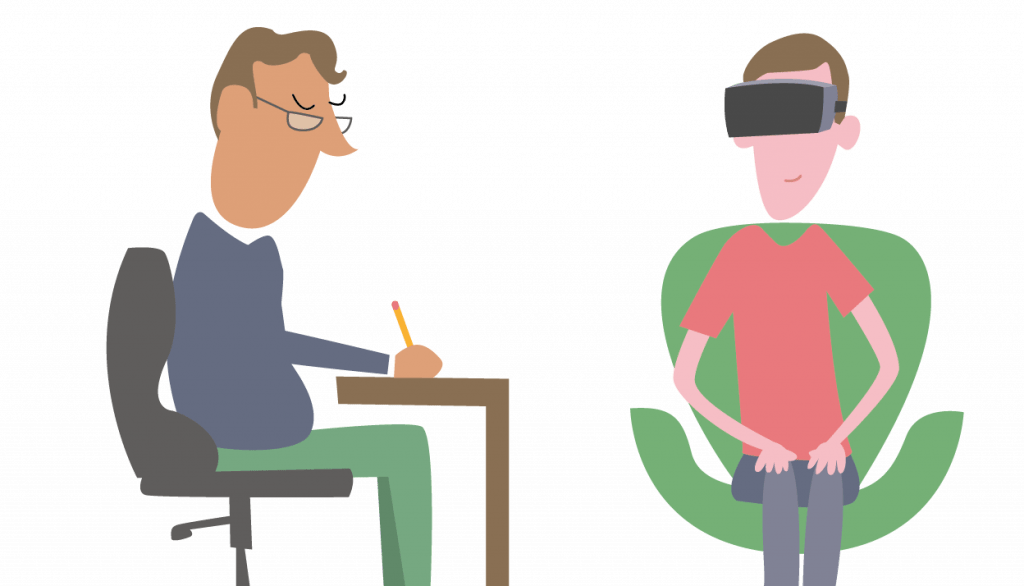 Illustratie van Client met VR-bril op en behandelaar die iets opschrijft