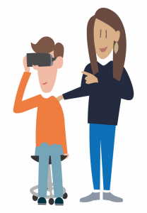 illustratie client met VR-bril op en een behandelaar die meekijkt