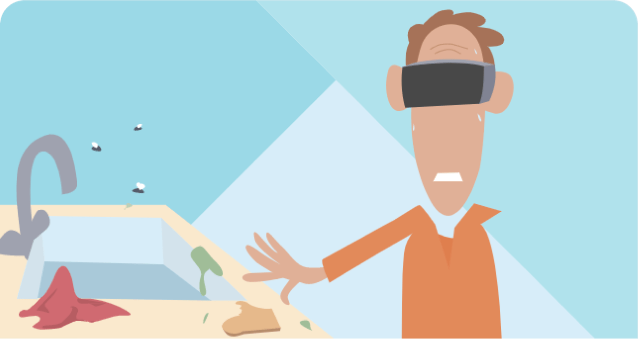 Illustratie van iemand met een VR-bril op die een vieze keuken aanraakt